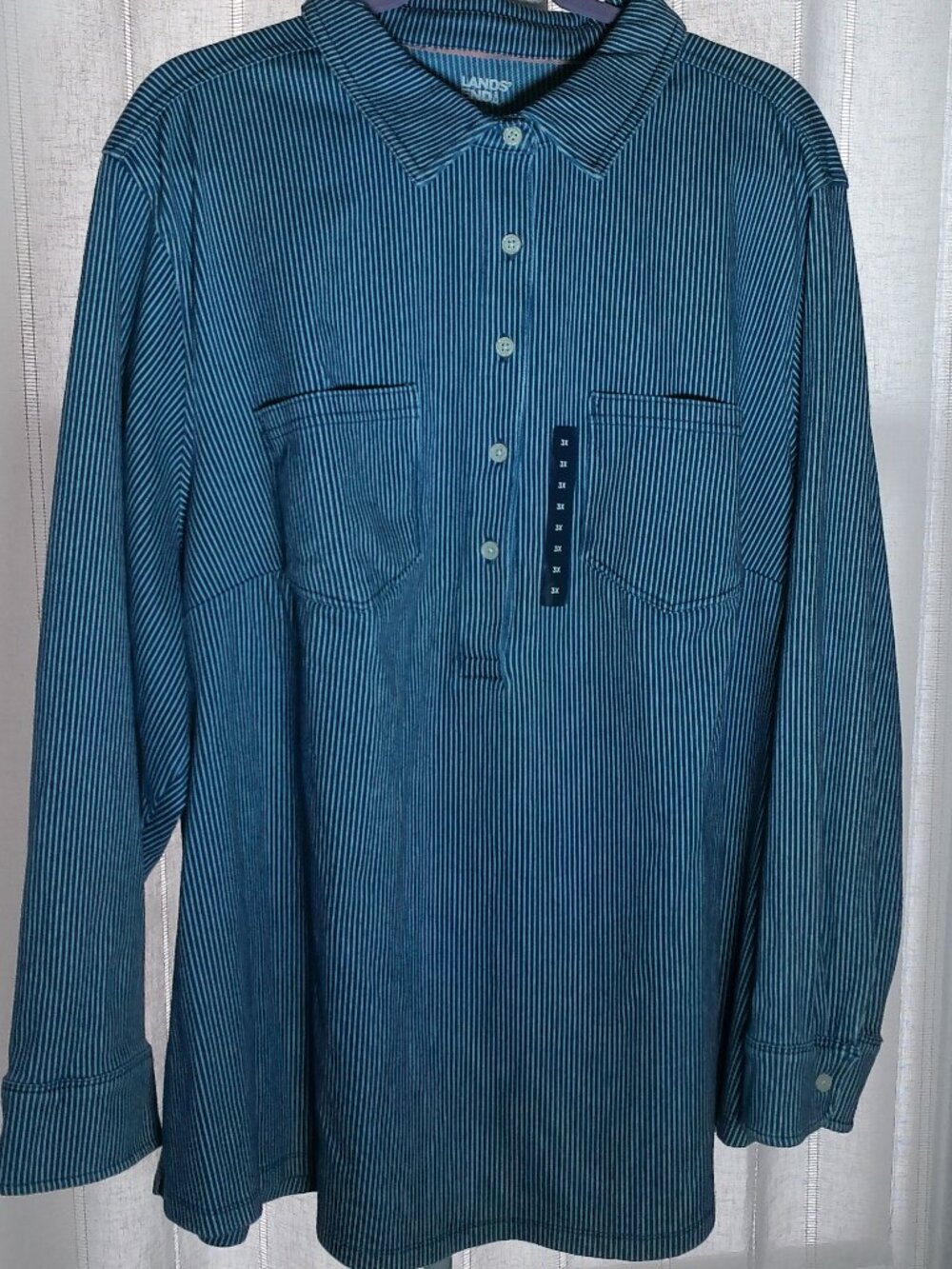 LANDS' END NWT Long Sleeve Collared 1/2 Button-Up White w/Blue Stripe Blouse 3X